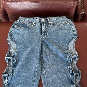 VENUS Blue Straight Leg Jeans with Bow Accents